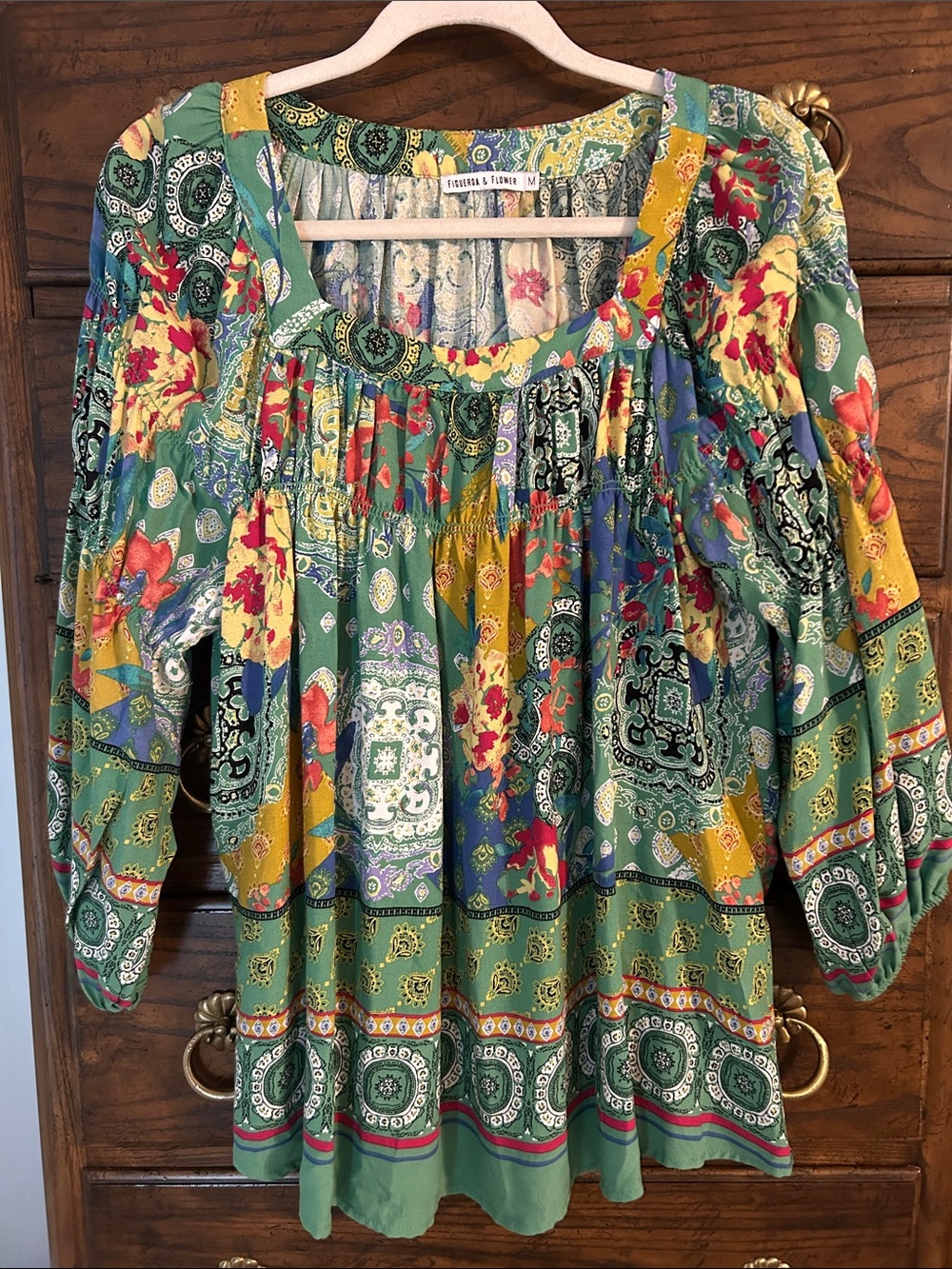 Fleurville & Friends Green Patchwork Floral Boho Tunic, Size M